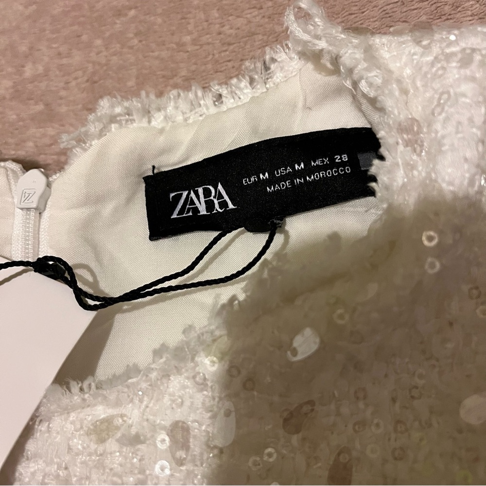 Zara white sequins fringed short sleeve shift mini dress - Picture 11 of 14